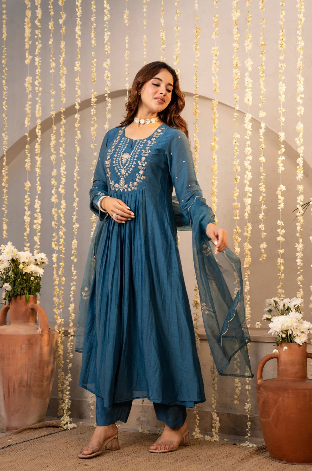 Elegant Blue Embroidered Anarkali Kurta Set with Dupatta for Women