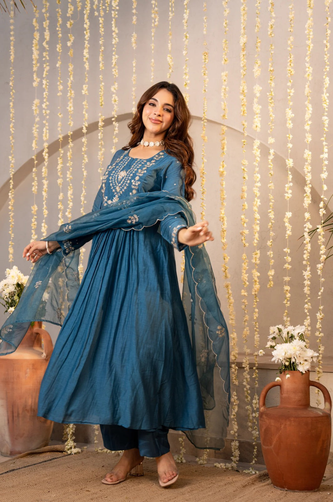 Elegant Blue Embroidered Anarkali Kurta Set with Dupatta for Women