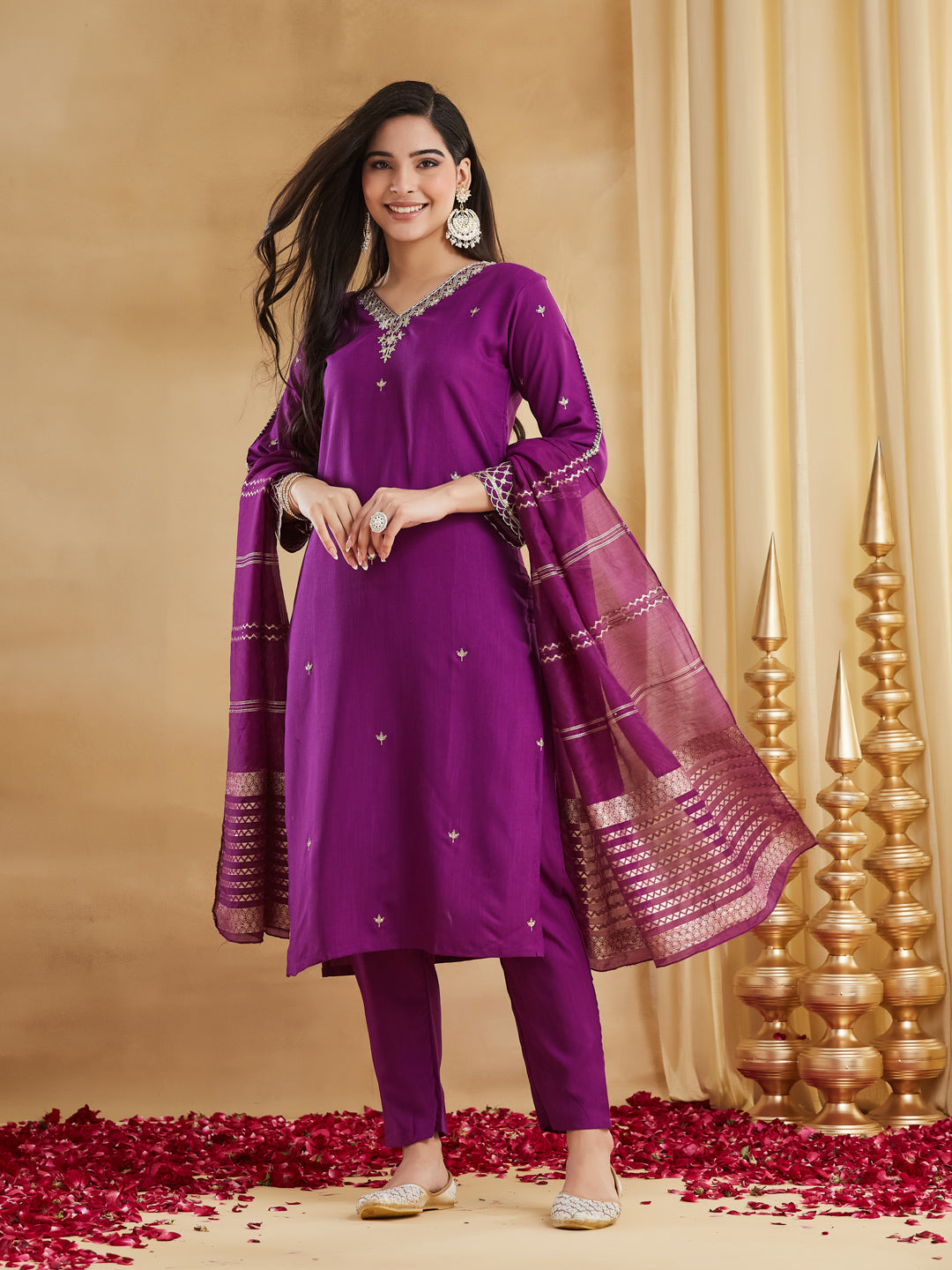 Magenta Embroidered Straight Kurta Pant Set with Banarasi Dupatta