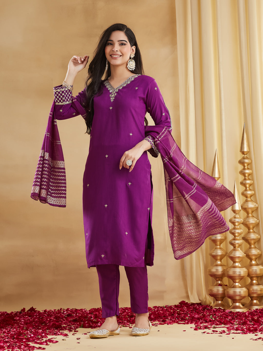 Magenta Embroidered Straight Kurta Pant Set with Banarasi Dupatta