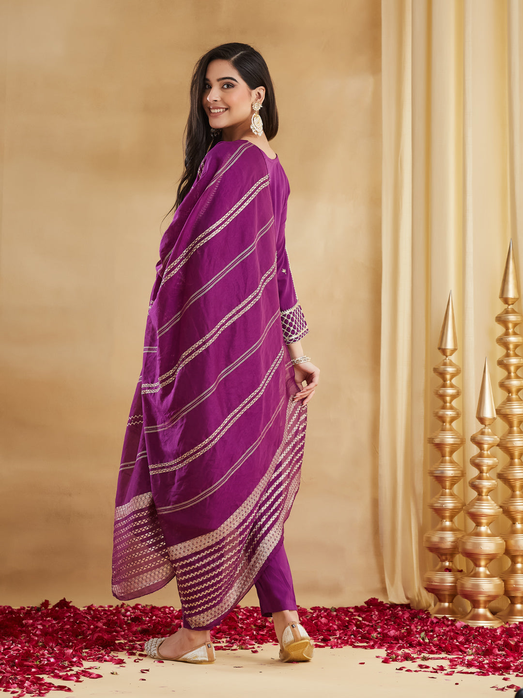 Magenta Embroidered Straight Kurta Pant Set with Banarasi Dupatta