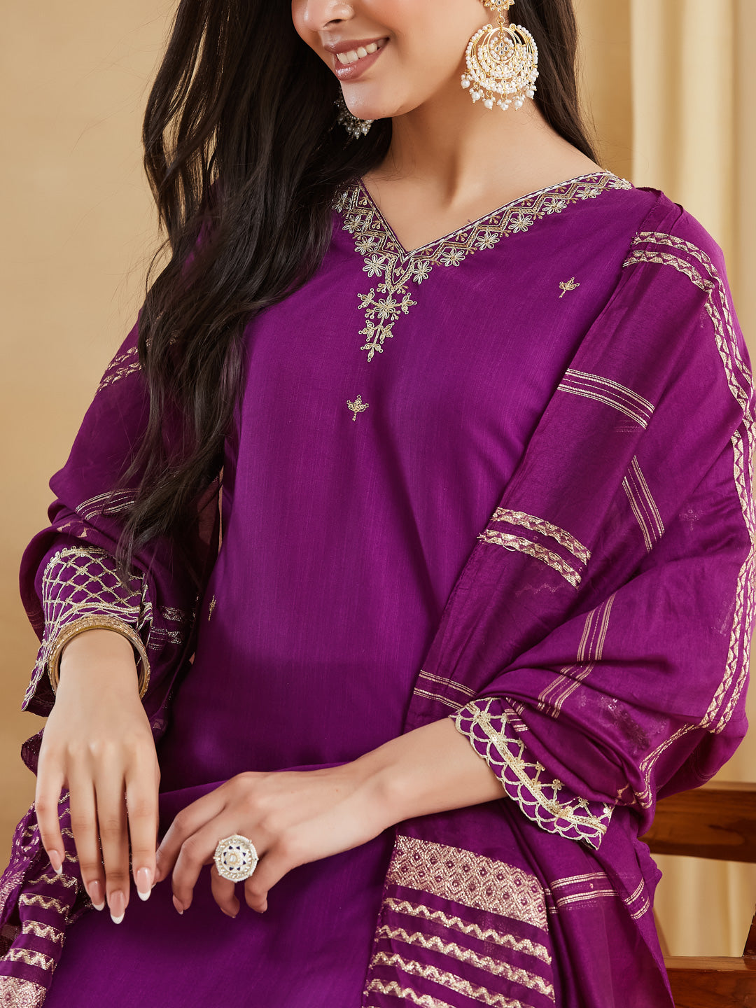 Magenta Embroidered Straight Kurta Pant Set with Banarasi Dupatta