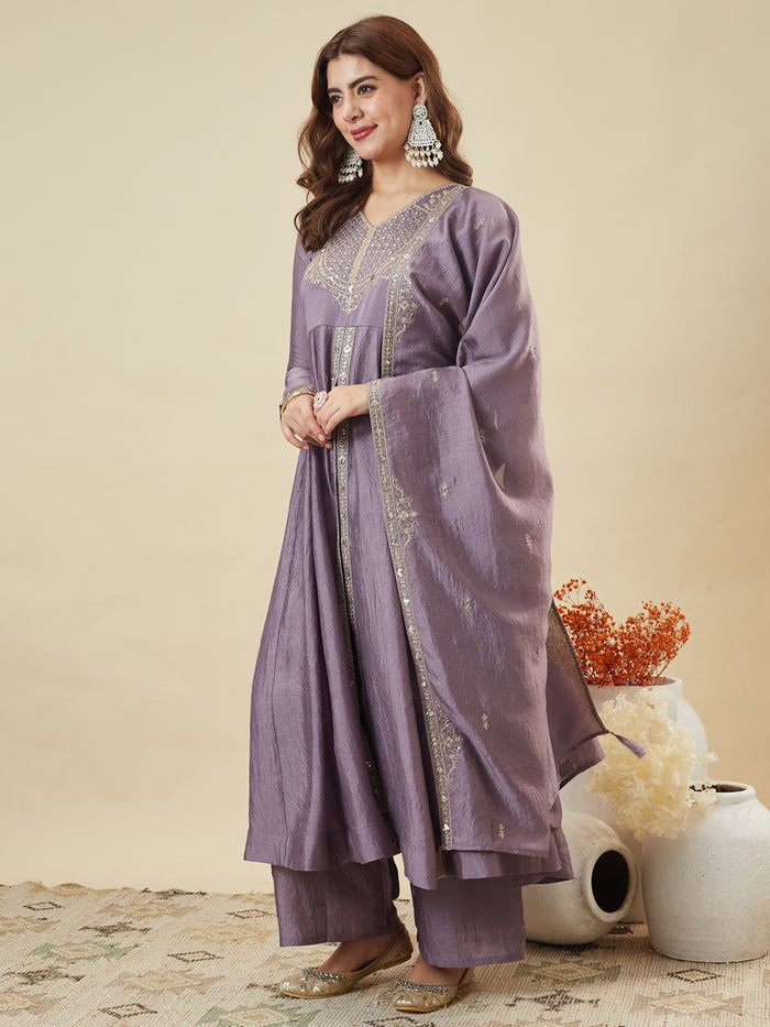 Lavender Embroidered Kurta Palazzo Set with Dupatta