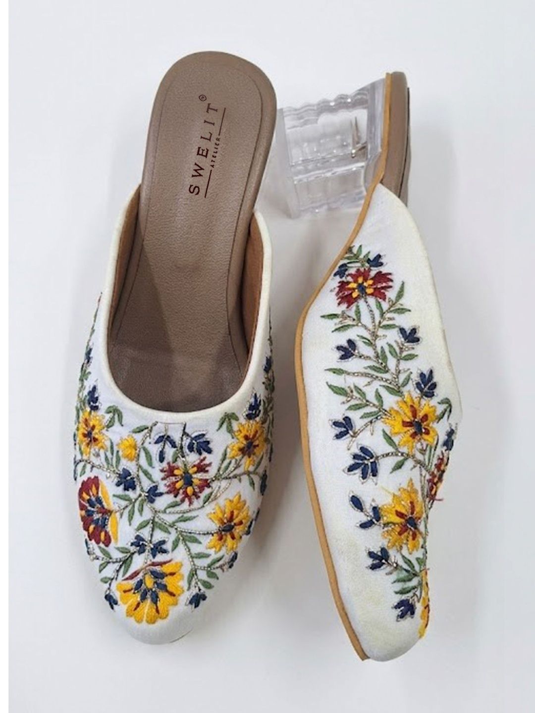 Women's Navy Blue Daisy Floral Embroidered EthniWomen's White Floral Embroidered Transparent Block Heel Mule Sandalsc Mule Jutti – Slip-On Flat Footwear (Copy)