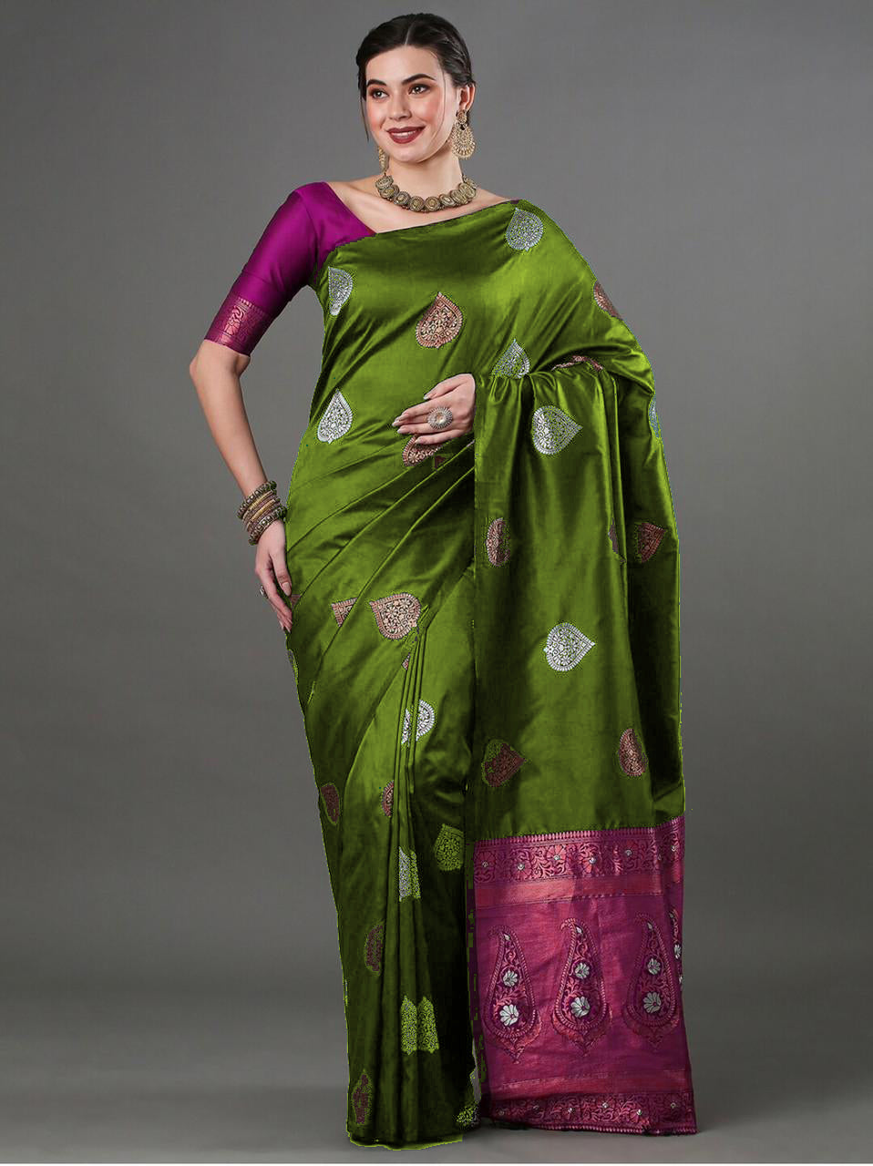 Elegant Mehendi Green Silk Saree with Zari Motifs & Rich Pink Border