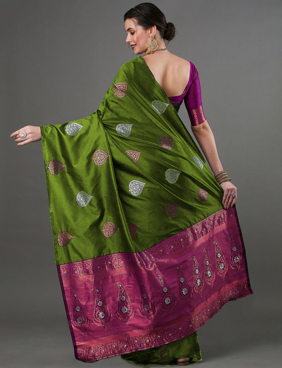 Elegant Mehendi Green Silk Saree with Zari Motifs & Rich Pink Border