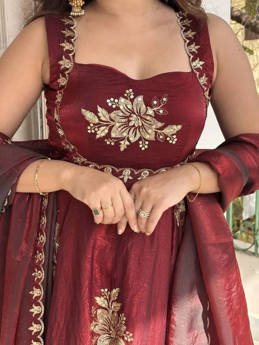 Maroon Floral Embroidered Anarkali Suit Set with Dupatta