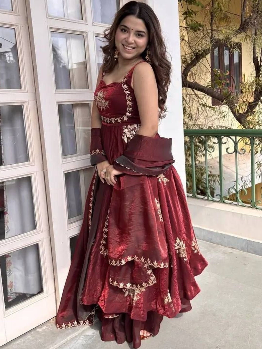 Maroon Floral Embroidered Anarkali Suit Set with Dupatta