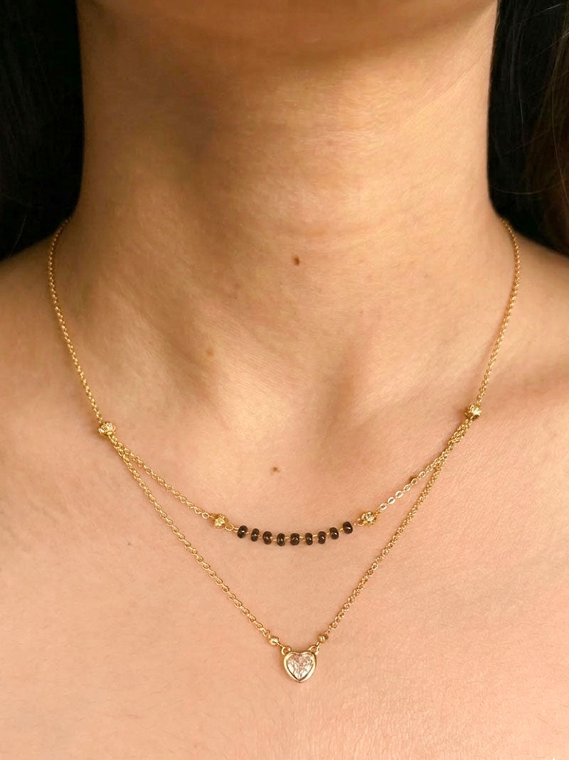 Layered Heart Charm Mangalsutra Necklace with Black Beads