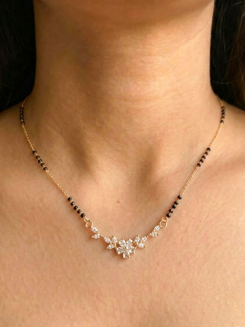Delicate Floral Diamond Mangalsutra Necklace with Black Beads