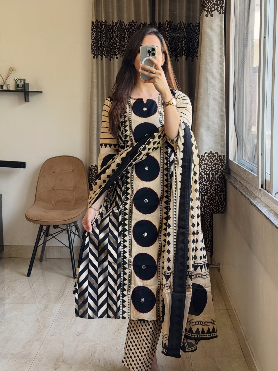 Elegant Black & Beige Printed Cotton Kurta Set with Dupatta
