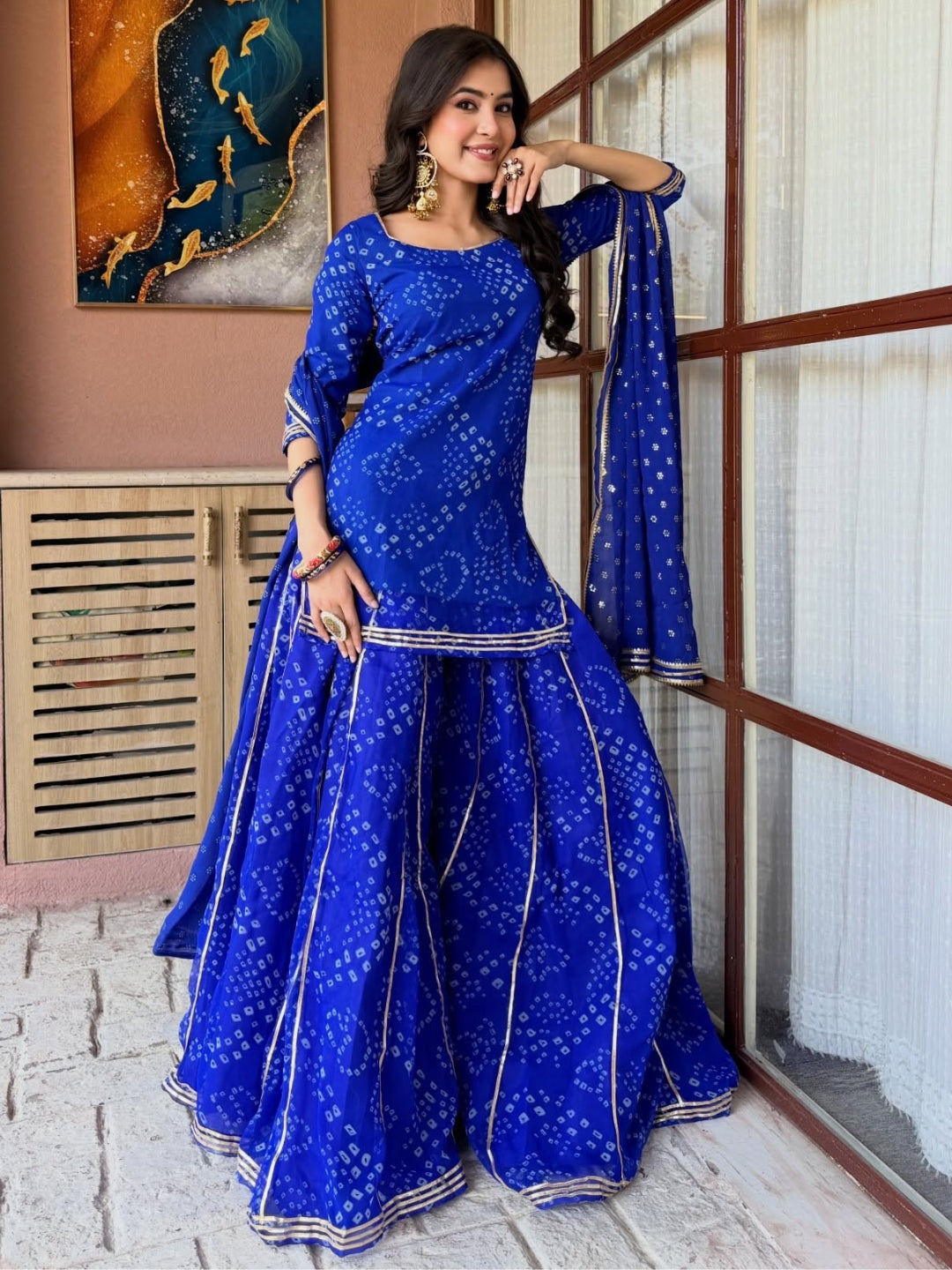 Women's Blue Bandhani Printed Sharara Set with Dupatta