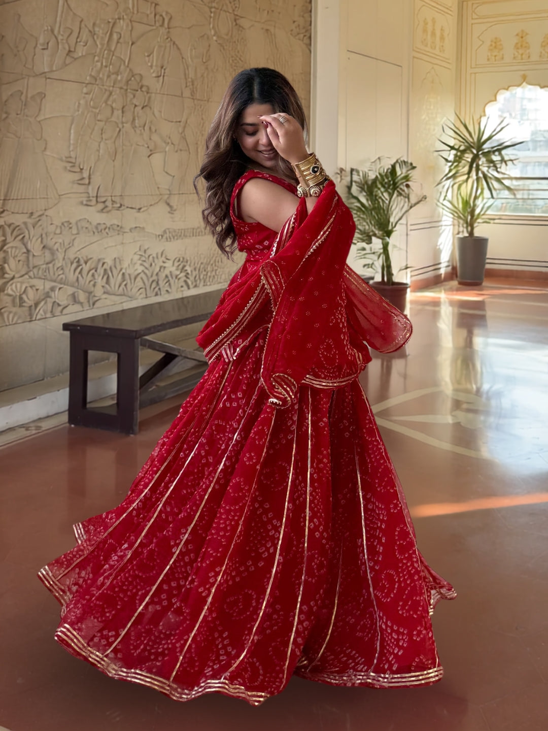 Women's Red Bandhani Printed Sharara Set with Dupatta