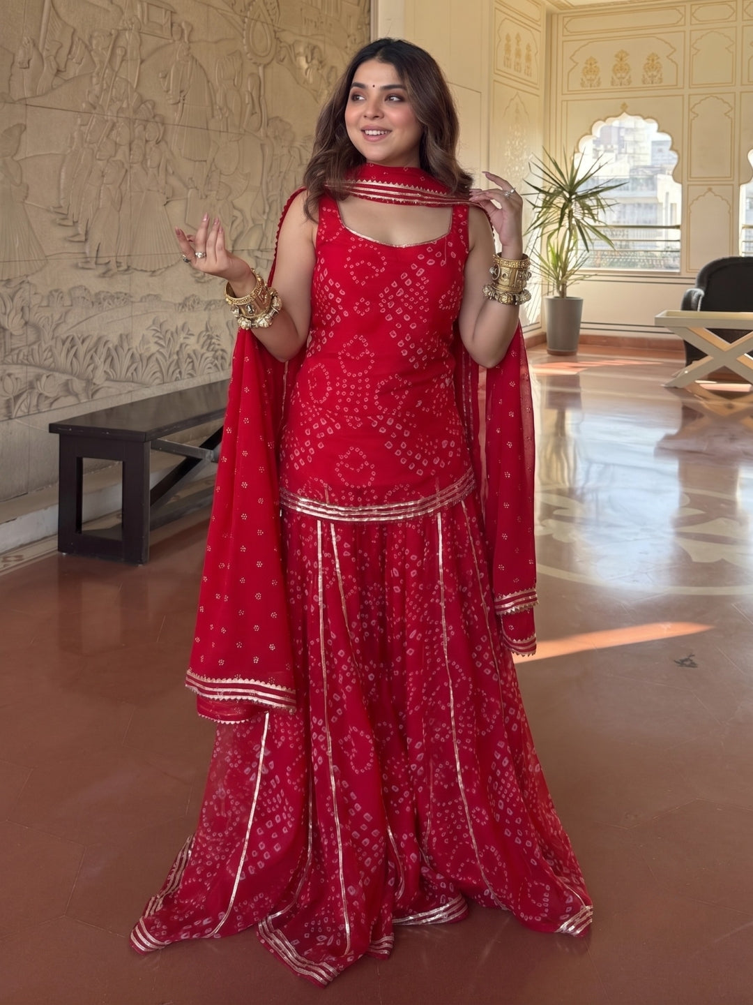 Women's Red Bandhani Printed Sharara Set with Dupatta