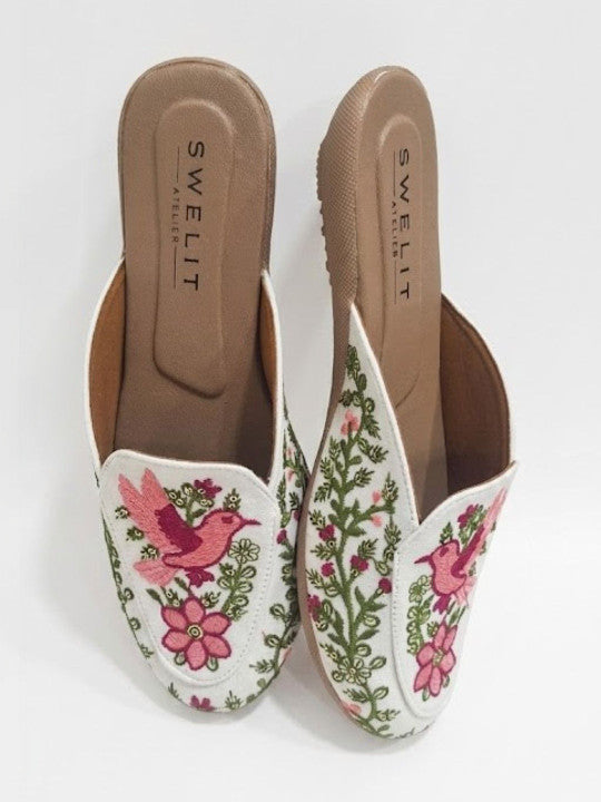 Pink Bird Embroidered Ethnic Mule Flats for Women