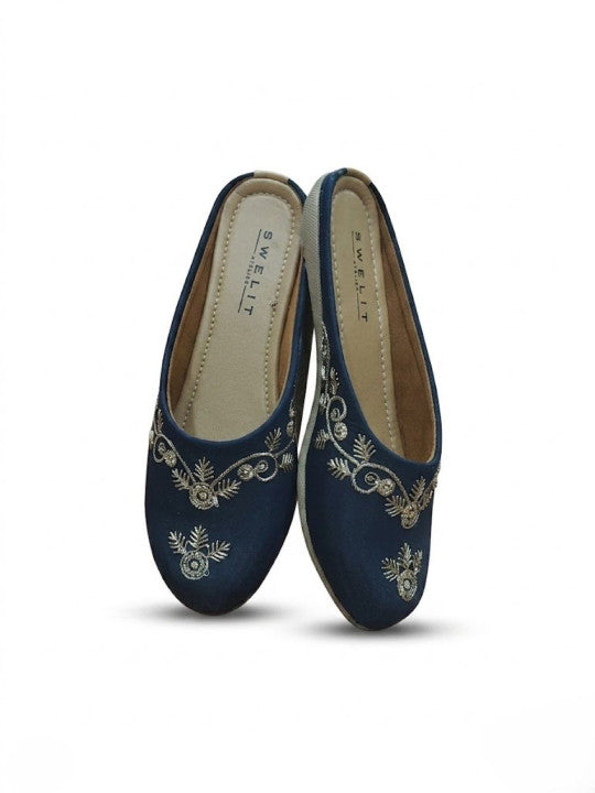 Traditional Navy Blue Embroidered Flat Mules for Women