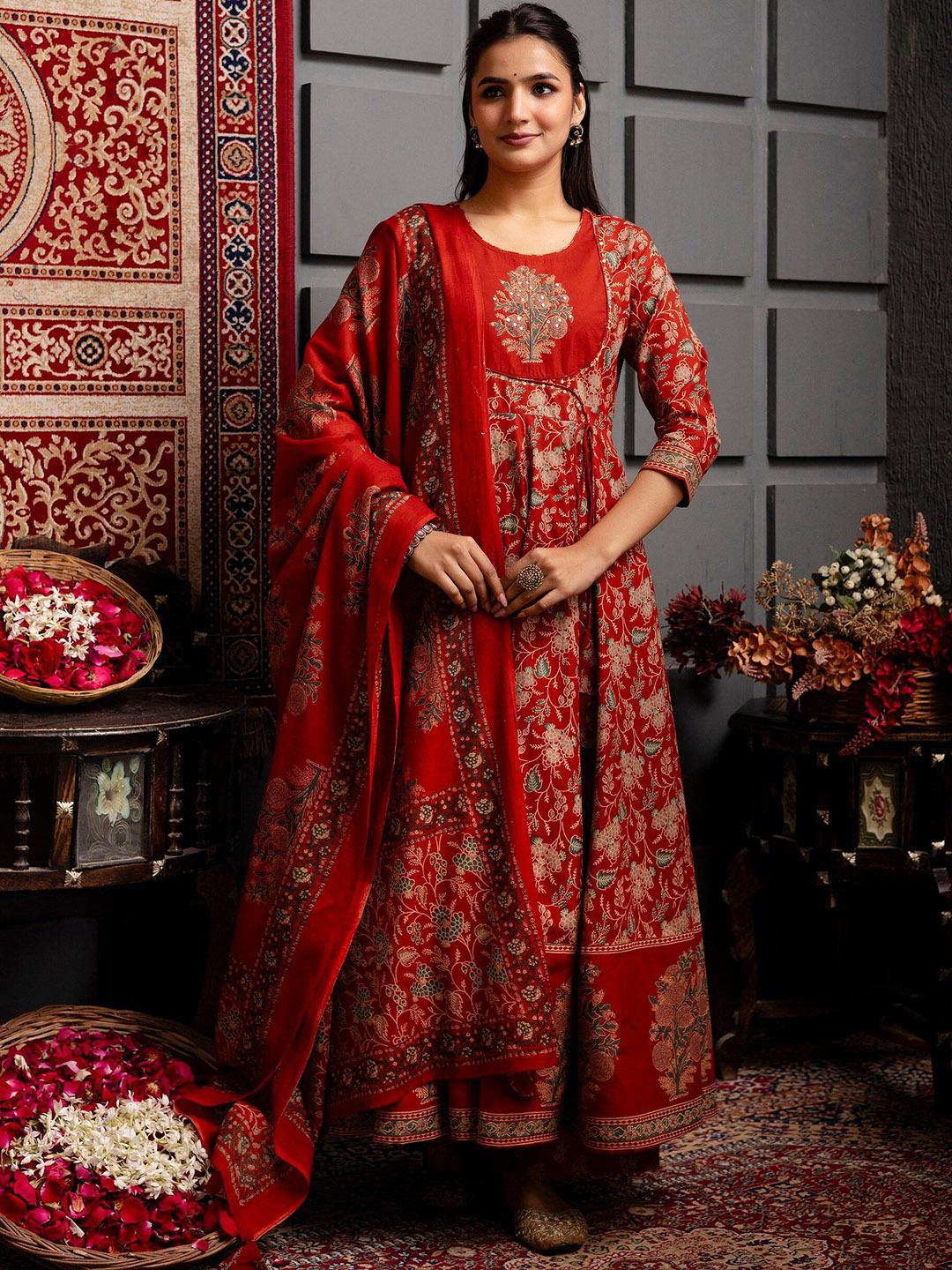 Deep Red Printed Anarkali Kurta Set with Dupatta – Festive & Wedding Wear Ensemble