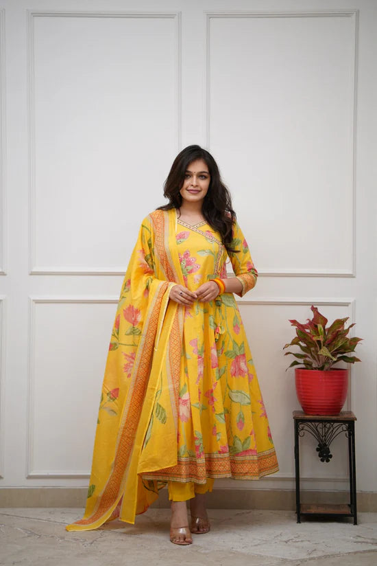 Yellow Floral Printed Anarkali Kurta Set with Dupatta