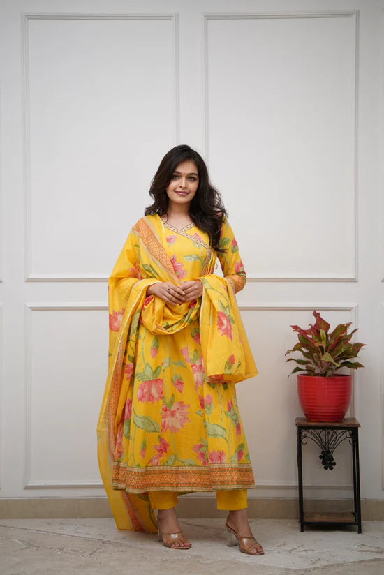 Yellow Floral Printed Anarkali Kurta Set with Dupatta