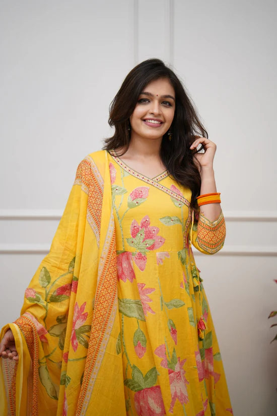 Yellow Floral Printed Anarkali Kurta Set with Dupatta