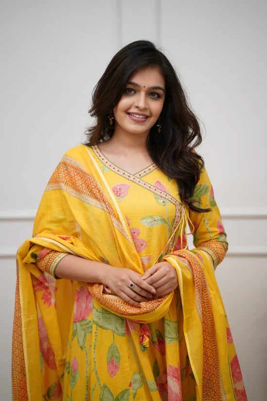 Yellow Floral Printed Anarkali Kurta Set with Dupatta