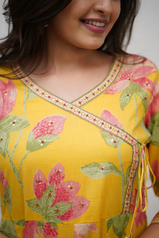 Yellow Floral Printed Anarkali Kurta Set with Dupatta
