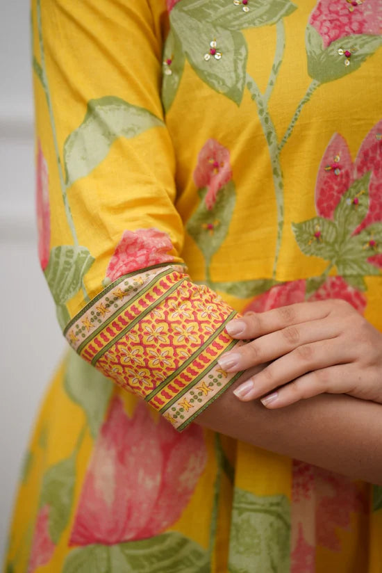 Yellow Floral Printed Anarkali Kurta Set with Dupatta