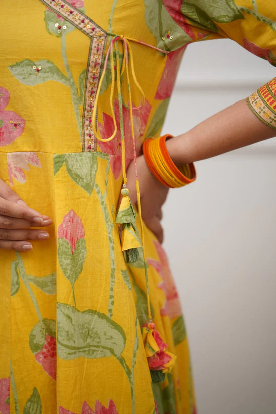 Yellow Floral Printed Anarkali Kurta Set with Dupatta