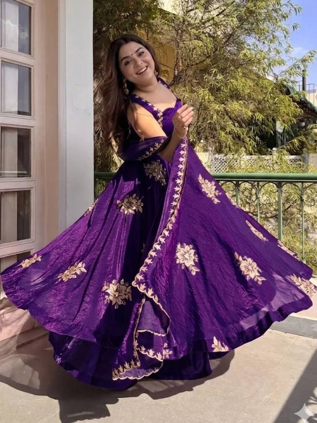 Purple Floral Embroidered Anarkali Suit Set with Dupatta