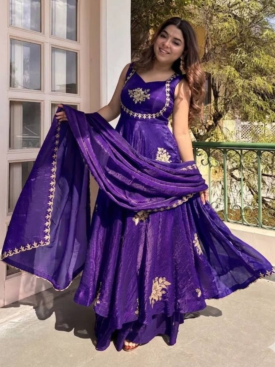 Purple Floral Embroidered Anarkali Suit Set with Dupatta