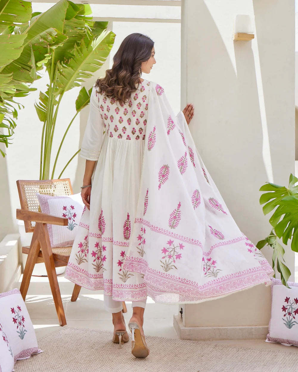 Ivory Pink Mul Cotton Block Printed Anarkali