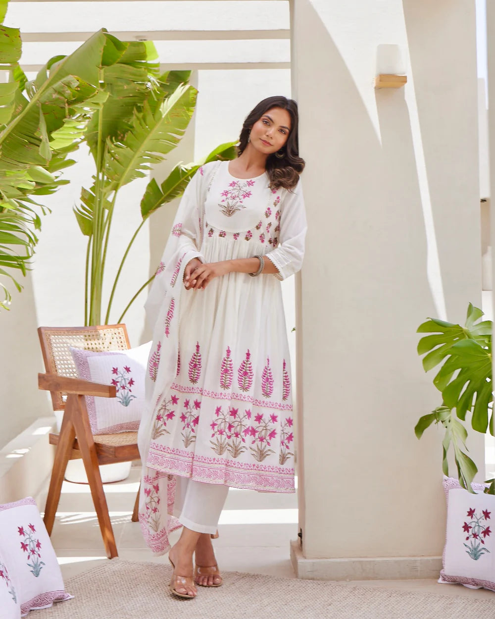 Ivory Pink Mul Cotton Block Printed Anarkali