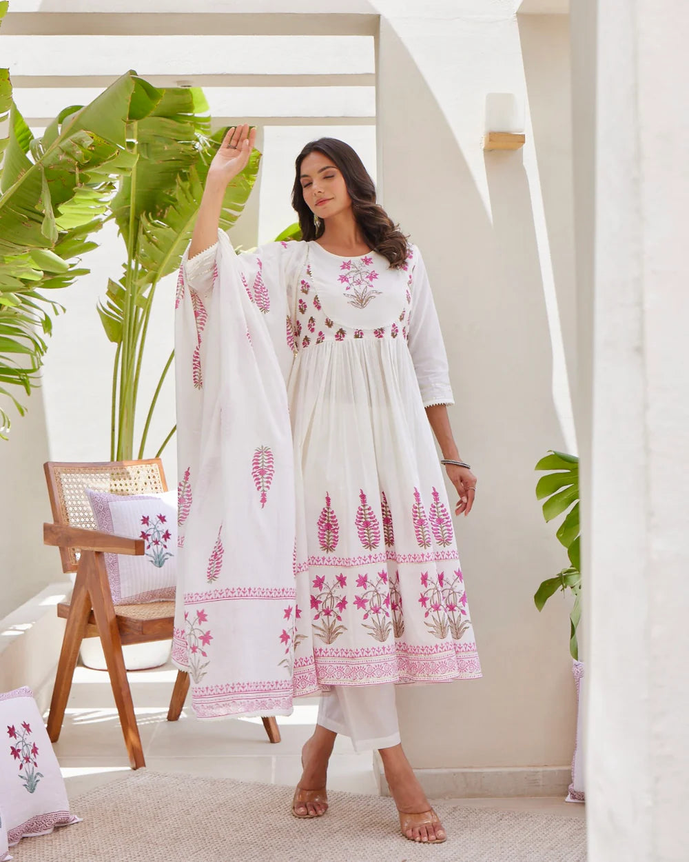 Ivory Pink Mul Cotton Block Printed Anarkali