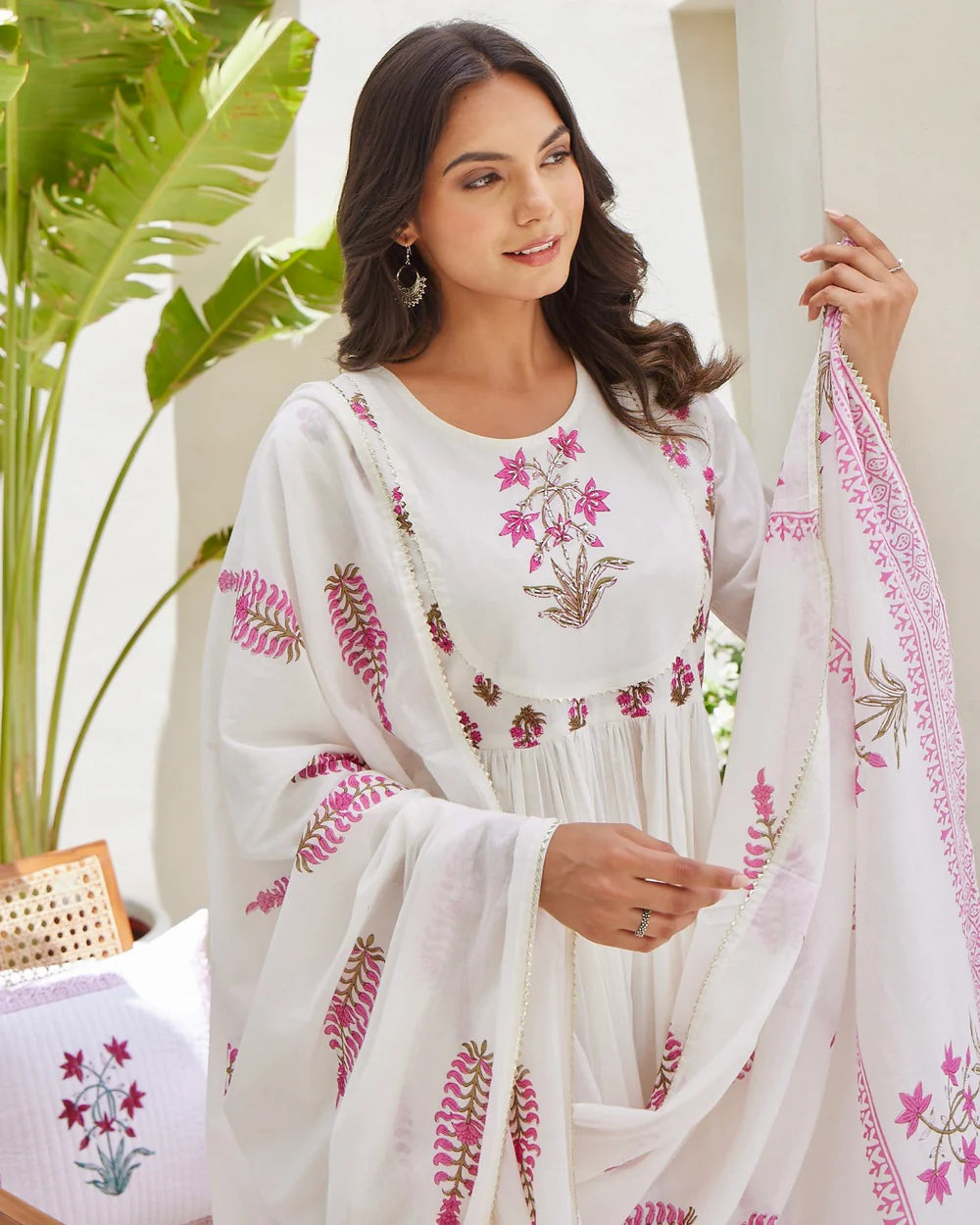 Ivory Pink Mul Cotton Block Printed Anarkali