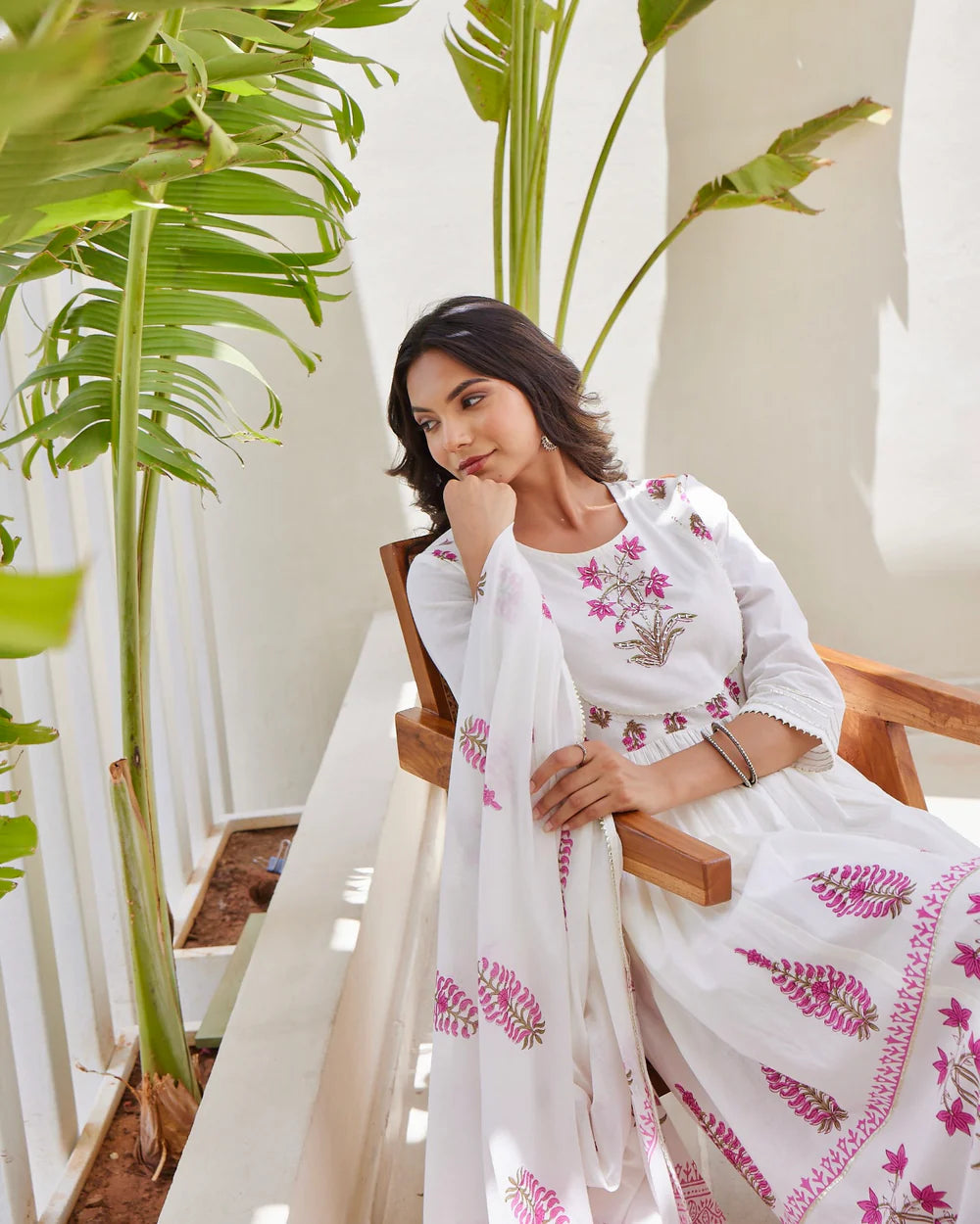 Ivory Pink Mul Cotton Block Printed Anarkali