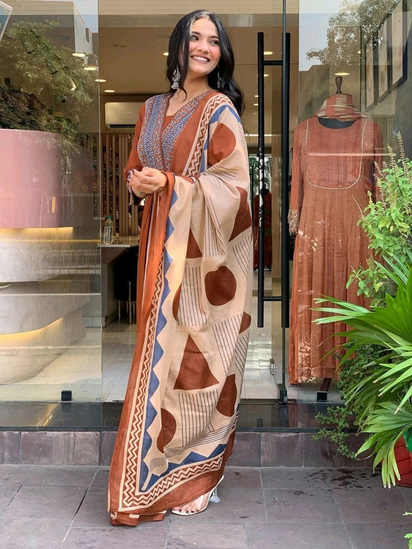 Brown Handblock Printed Cotton Anarkali Suit Set with Abstract Dupatta