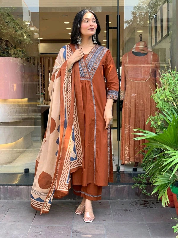 Brown Handblock Printed Cotton Anarkali Suit Set with Abstract Dupatta