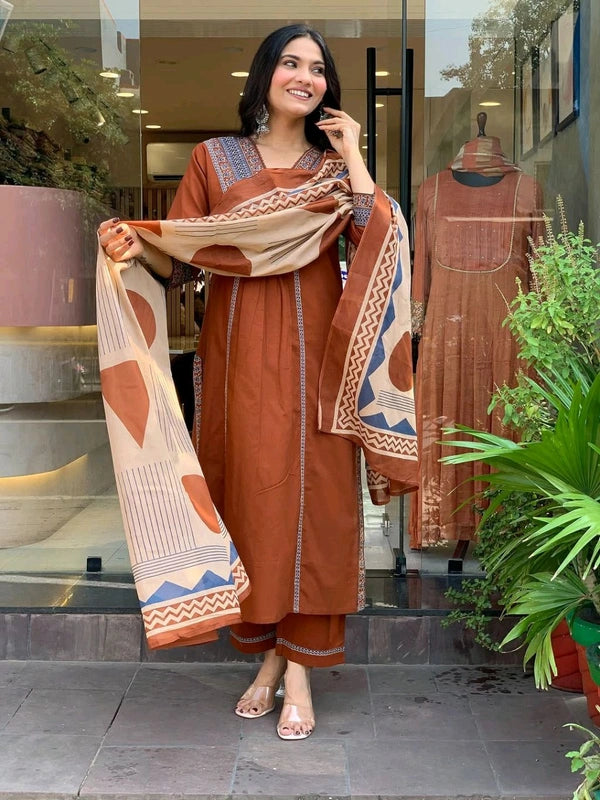 Brown Handblock Printed Cotton Anarkali Suit Set with Abstract Dupatta