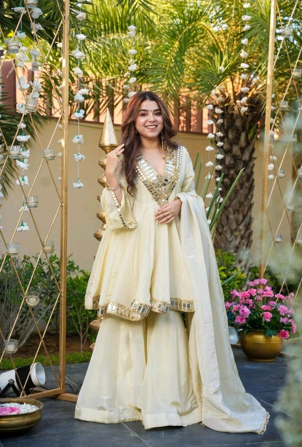 Ivory Mirror-Work Anarkali Sharara Set with Dupatta