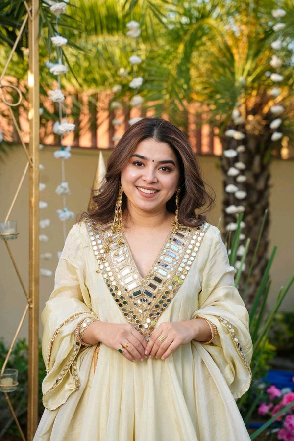 Ivory Mirror-Work Anarkali Sharara Set with Dupatta