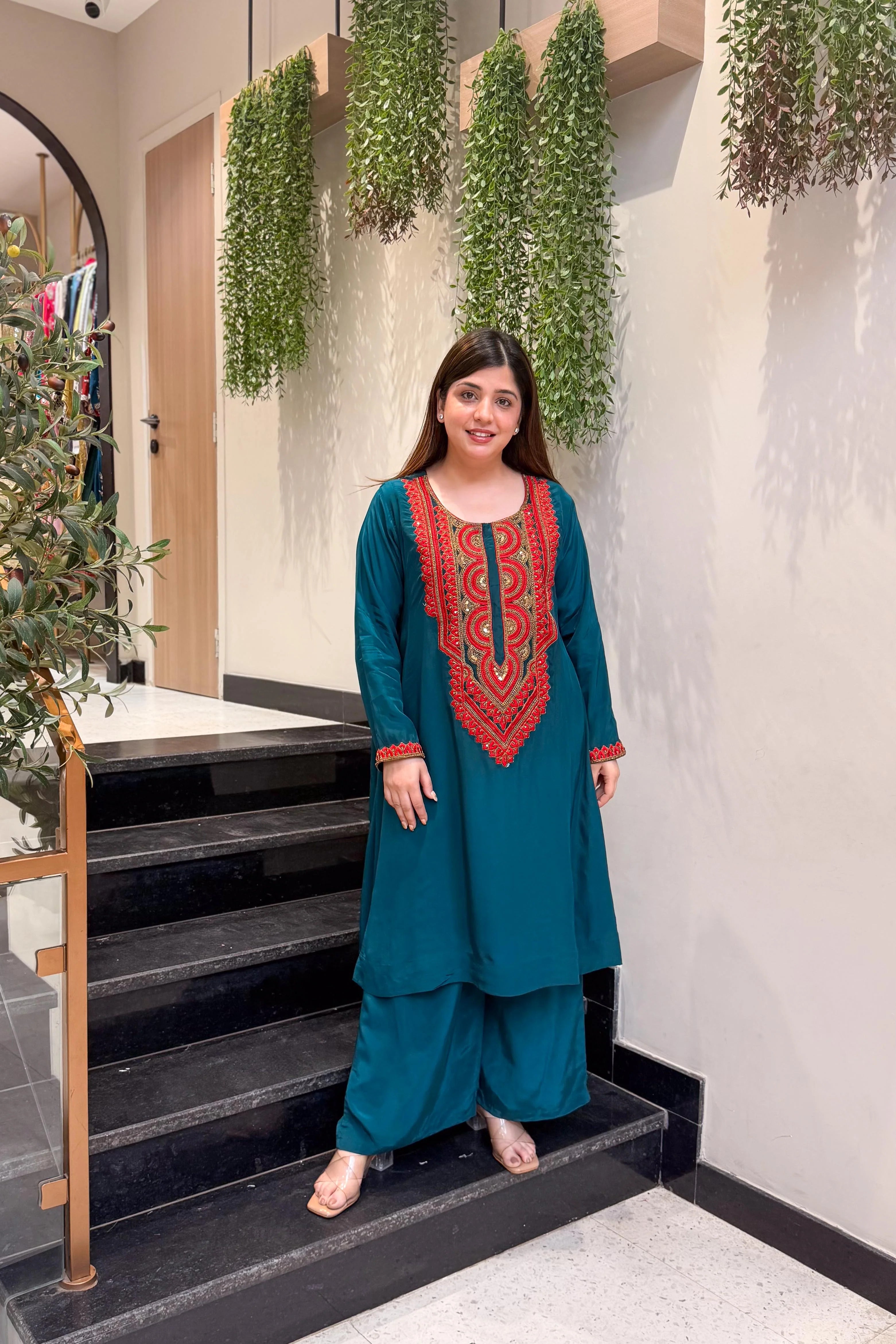 Teal Blue Embroidered Kurta Palazzo Set for Women