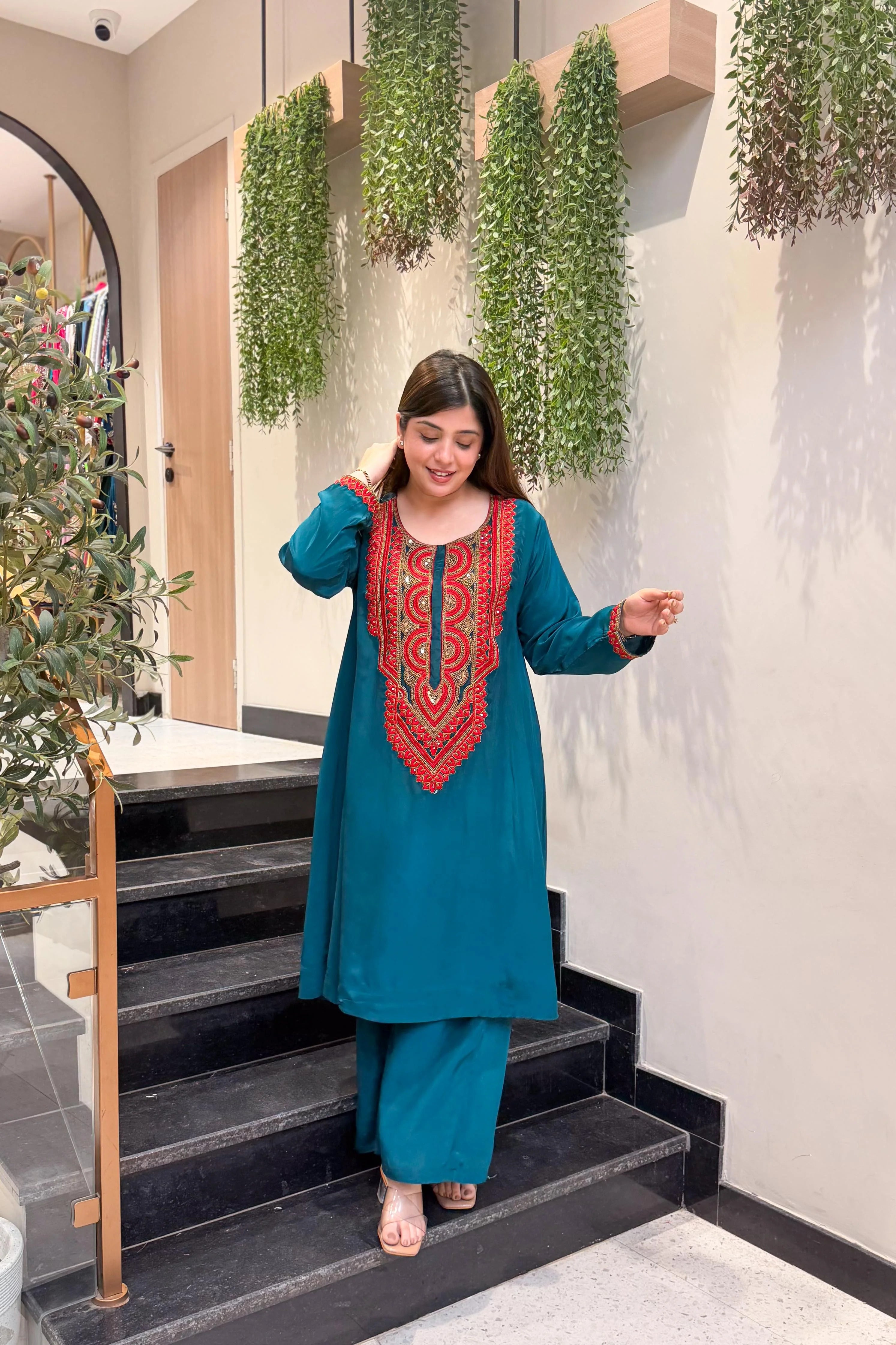 Teal Blue Embroidered Kurta Palazzo Set for Women