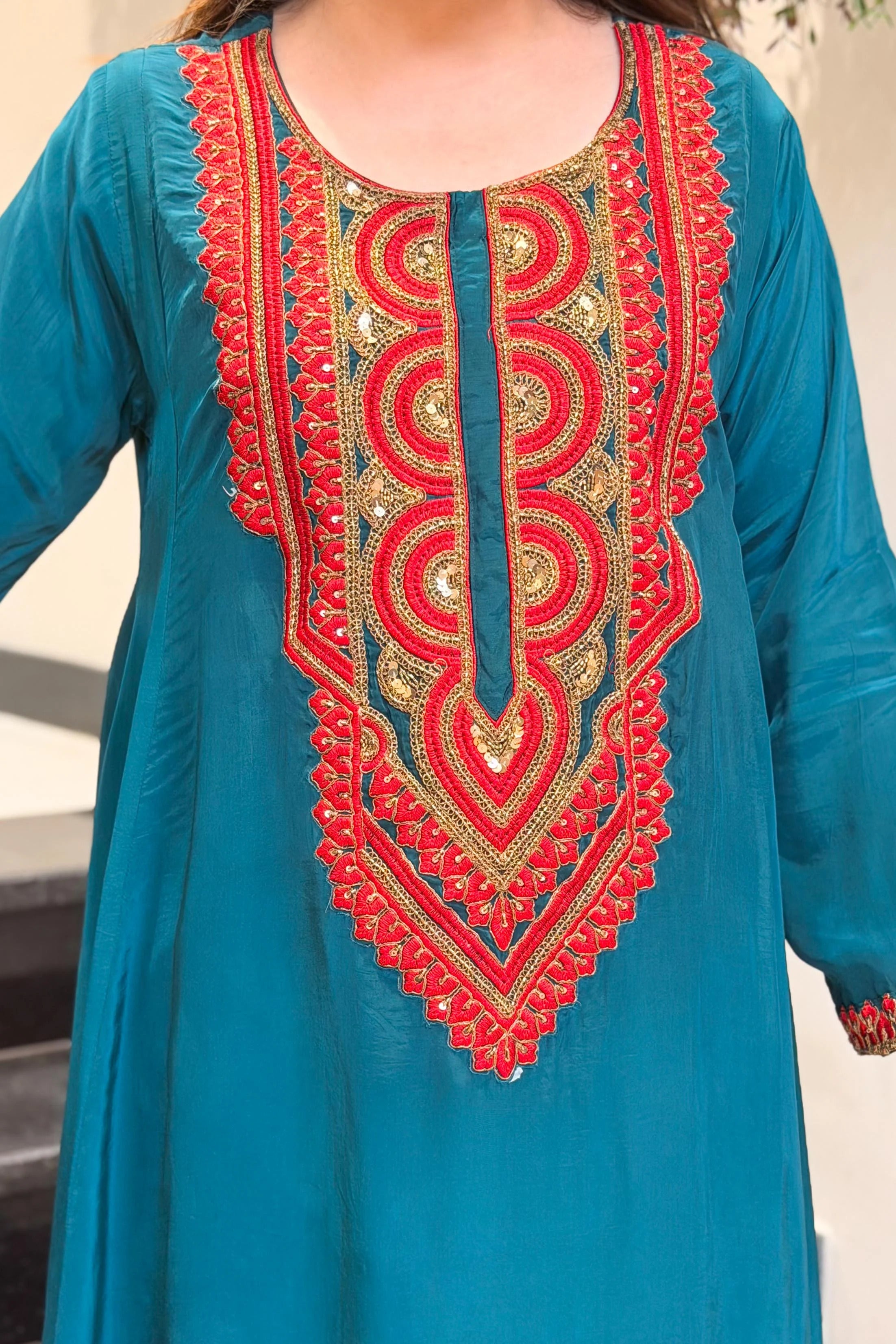 Teal Blue Embroidered Kurta Palazzo Set for Women