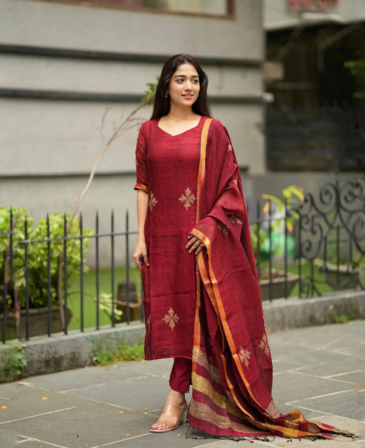 Women’s Maroon Embroidered Kurta Pant Set with Dupatta
