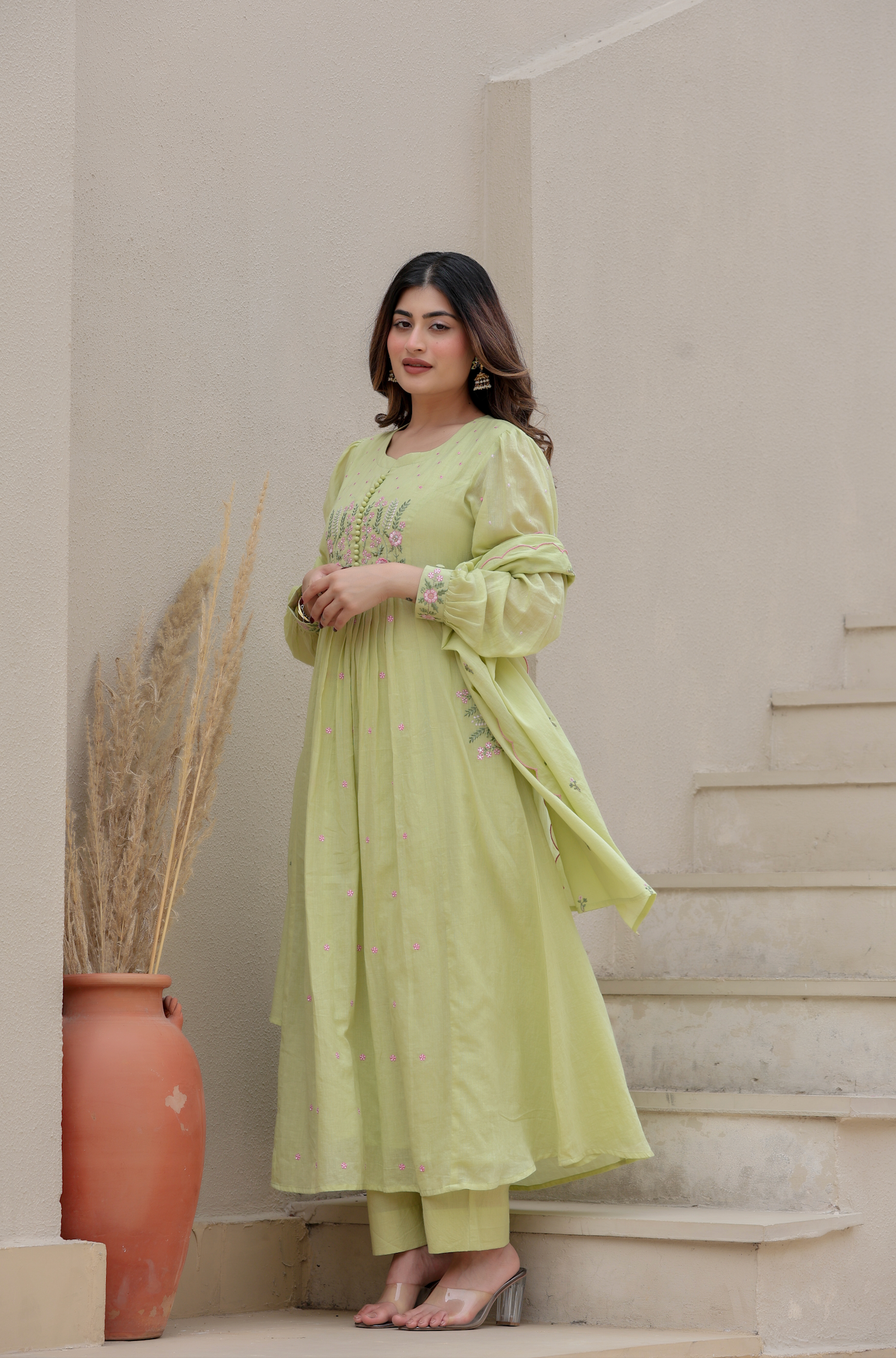 Elegant Embroidered Anarkali Kurta Set with Dupatta – Ivory, Lime Green & Blush Pink