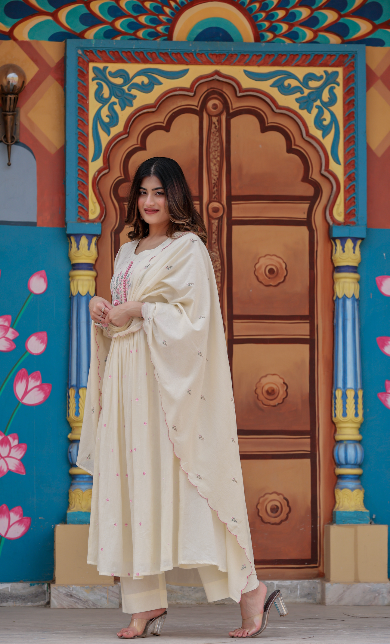 Elegant Embroidered Anarkali Kurta Set with Dupatta – Ivory, Lime Green & Blush Pink