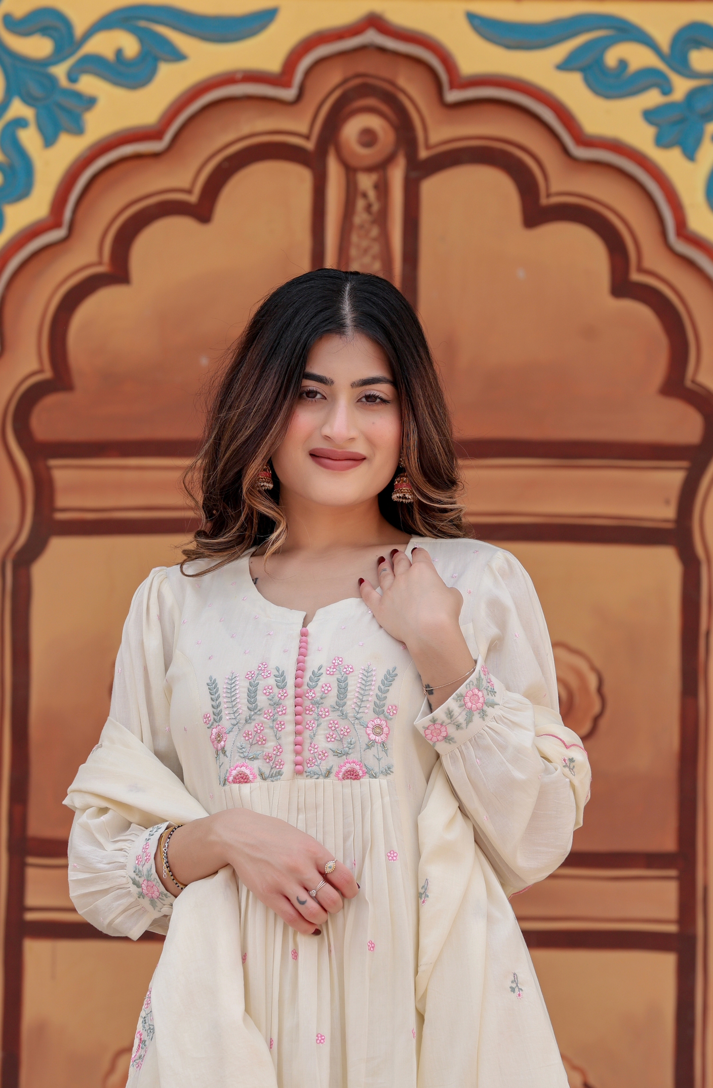 Elegant Embroidered Anarkali Kurta Set with Dupatta – Ivory, Lime Green & Blush Pink