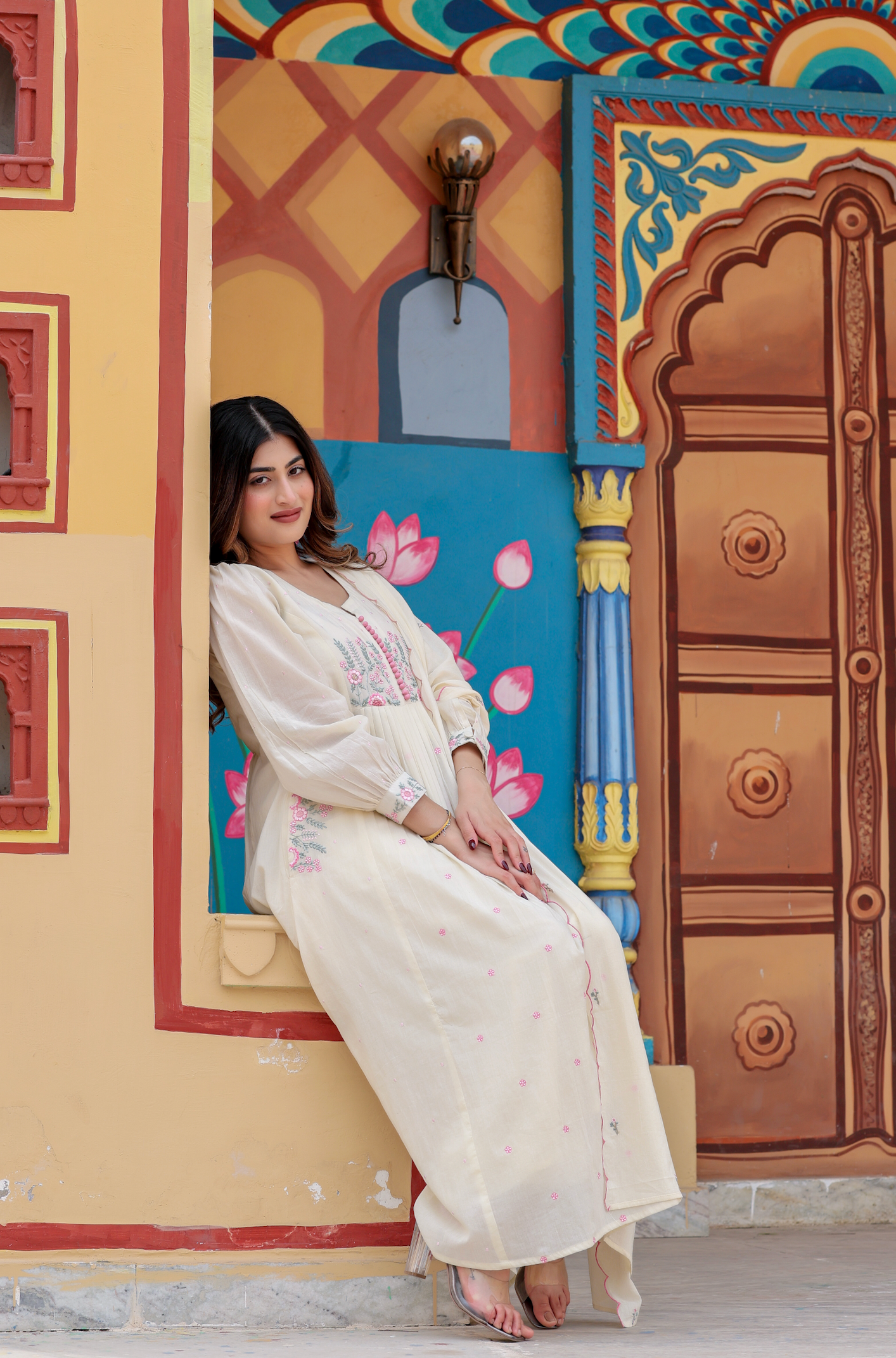 Elegant Embroidered Anarkali Kurta Set with Dupatta – Ivory, Lime Green & Blush Pink
