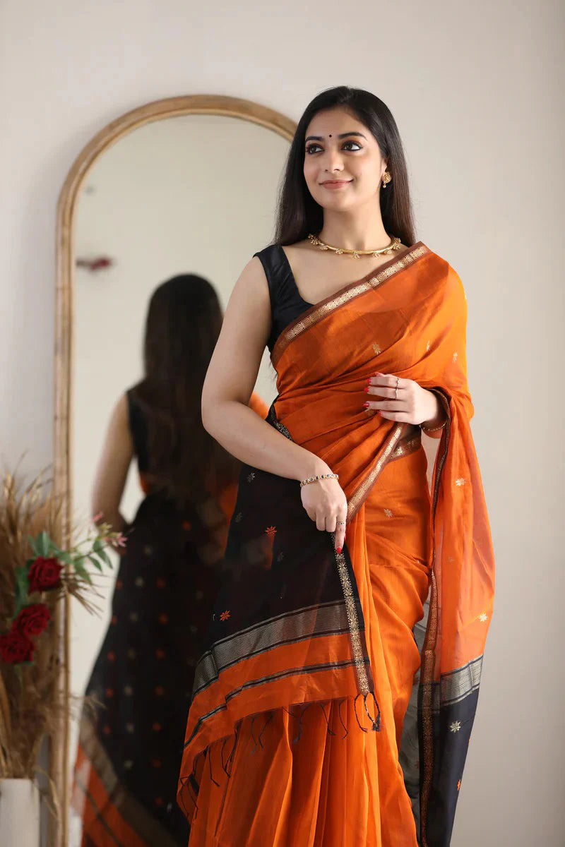 Phenomenal Orange Cotton Silk Saree With Refreshing Blouse Piece