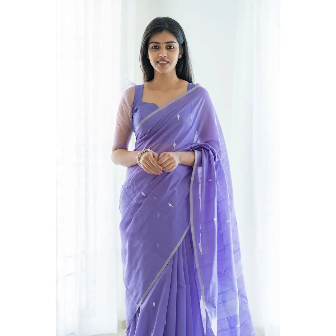 Excellent Lavendor Cotton Silk Saree With Woebegone Blouse Piece